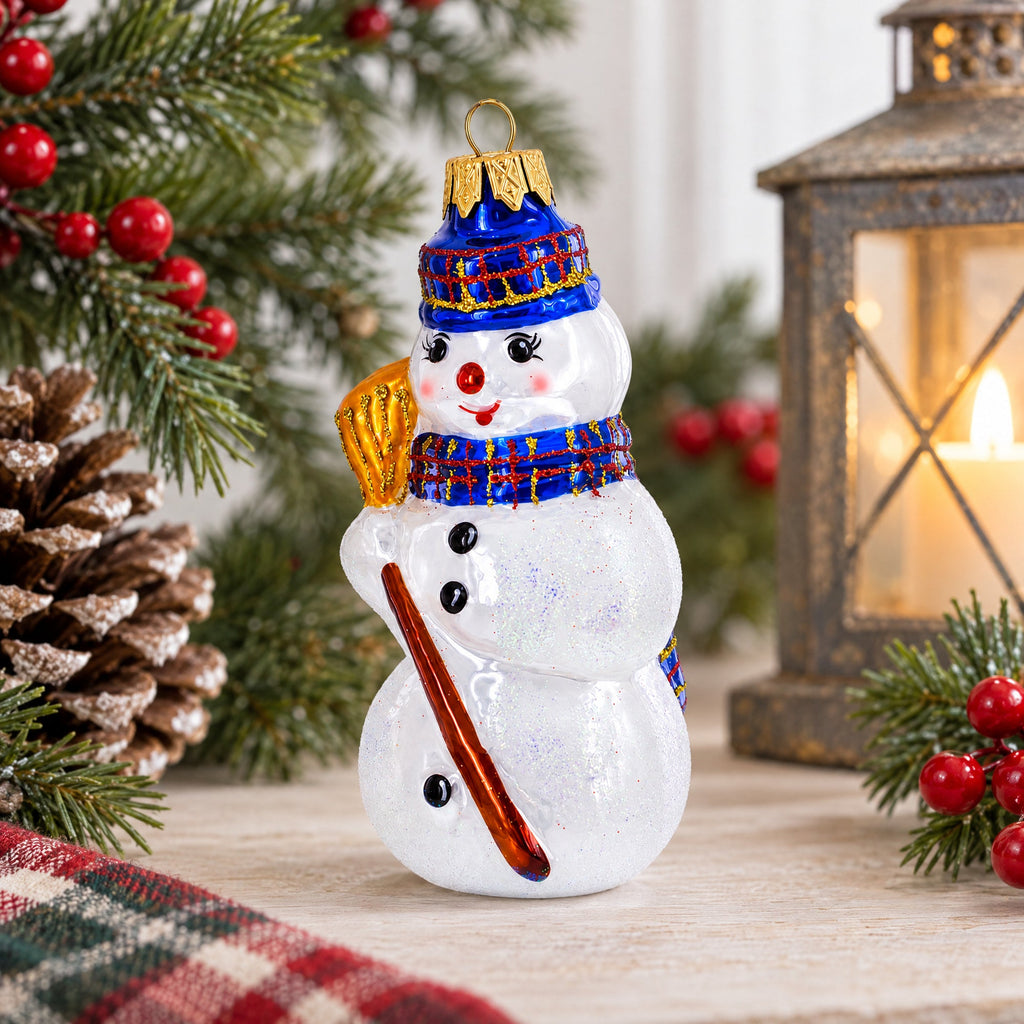 Snowman Wearing Blue Hat and Plaid Scarf with Broom Glass Christmas Ornament