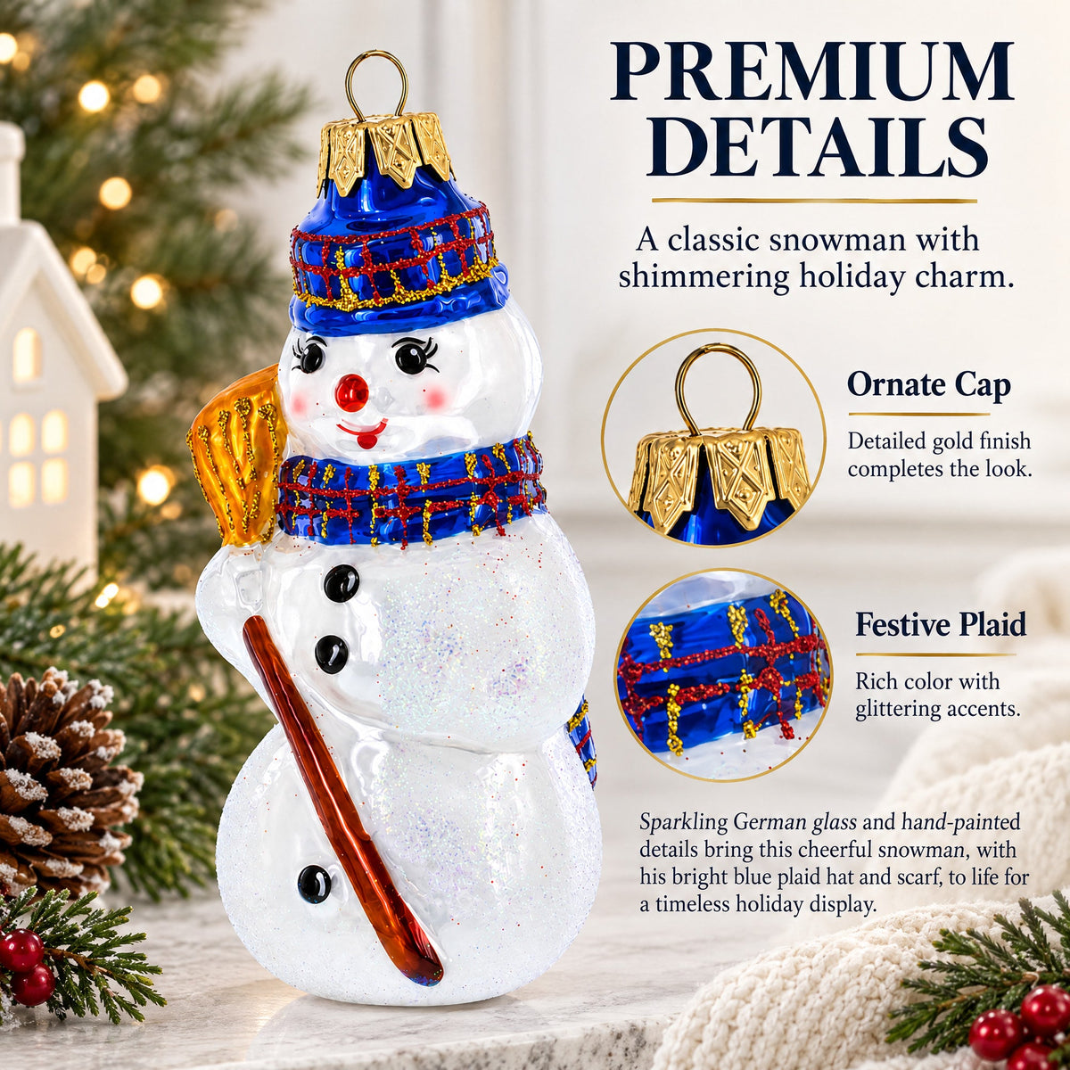Snowman Wearing Blue Hat and Plaid Scarf with Broom Glass Christmas Ornament