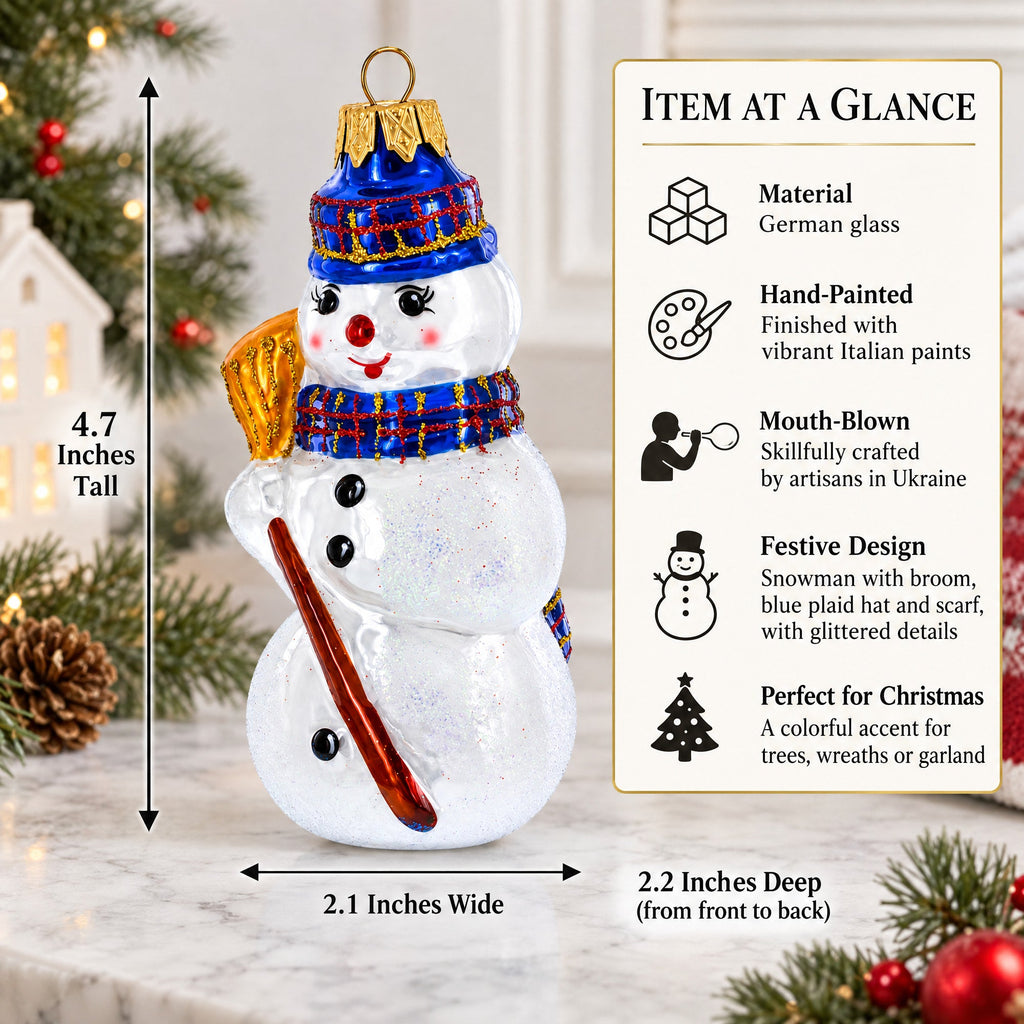 Snowman Wearing Blue Hat and Plaid Scarf with Broom Glass Christmas Ornament