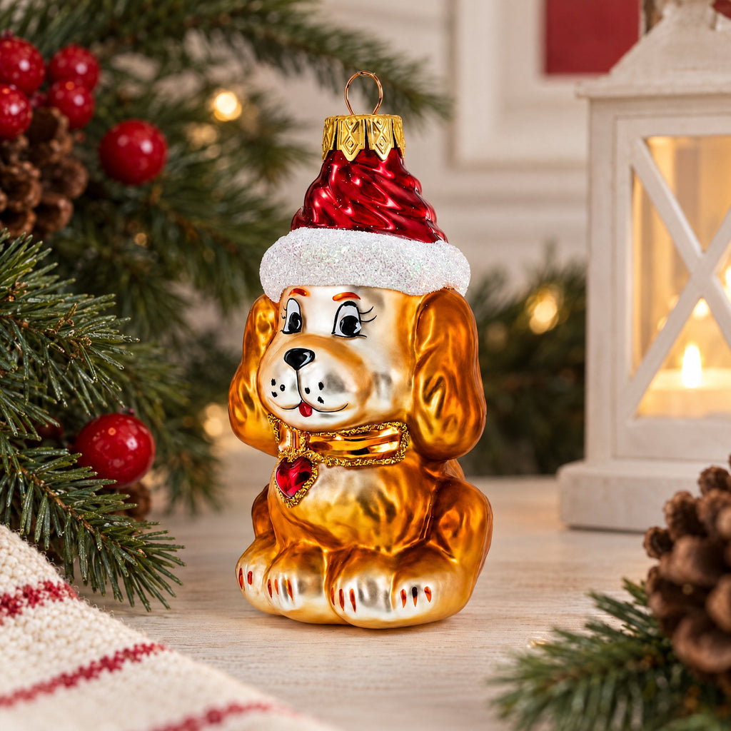 Golden Puppy in Red Santa Hat Glass Christmas Ornament