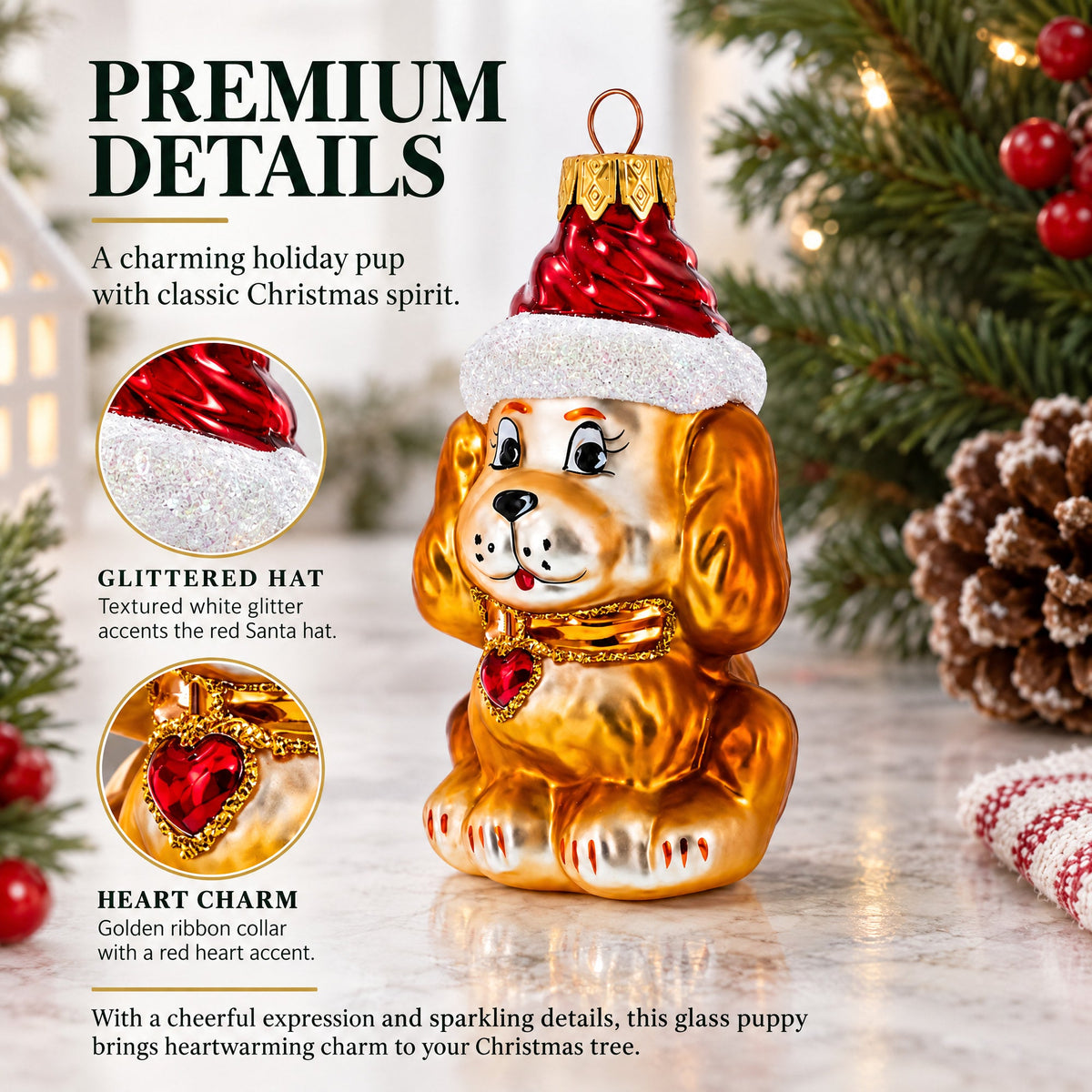 Golden Puppy in Red Santa Hat Glass Christmas Ornament