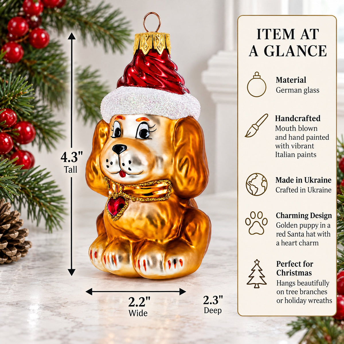 Golden Puppy in Red Santa Hat Glass Christmas Ornament
