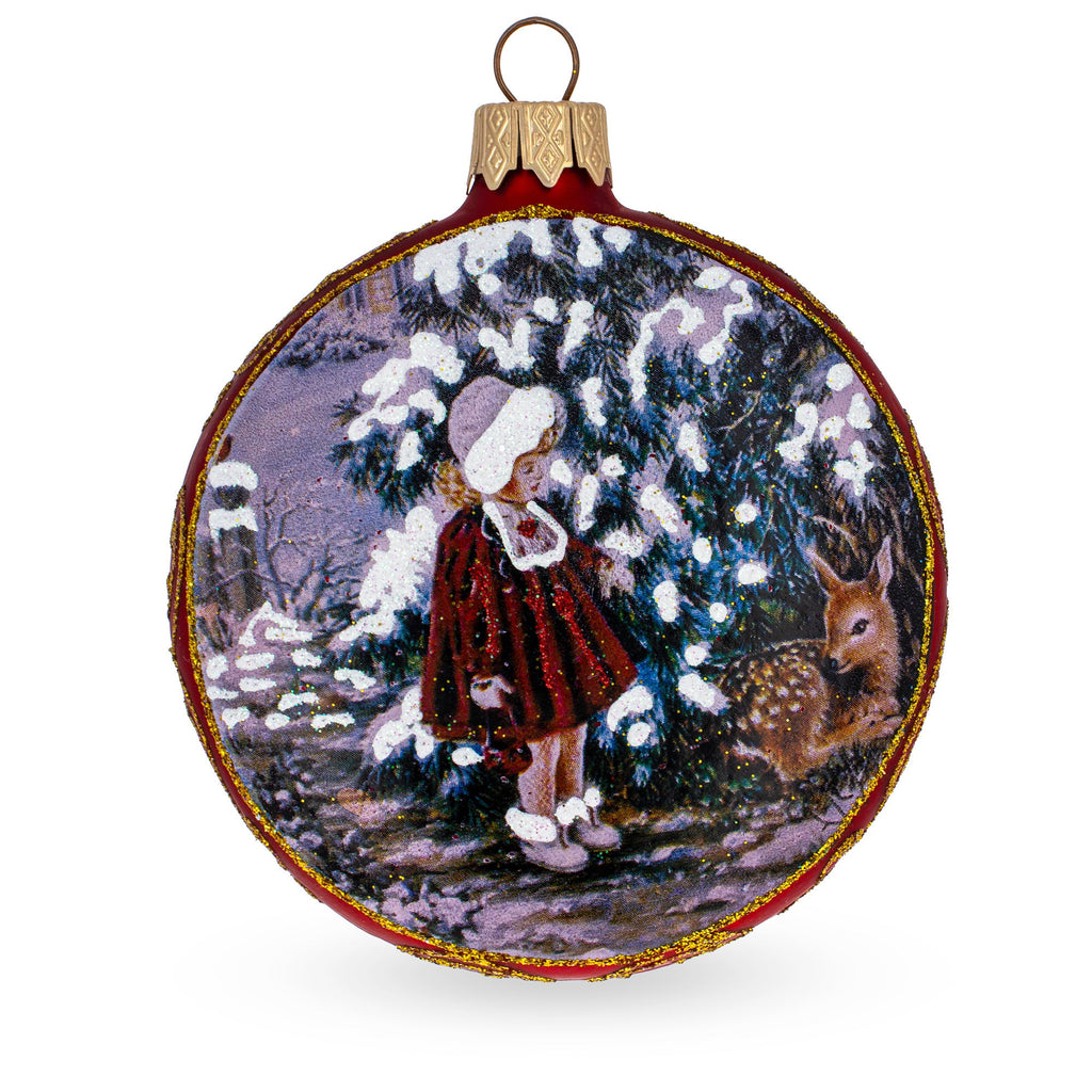 Vintage Style Girl and the Deer Decoupage Glass Christmas Ornament