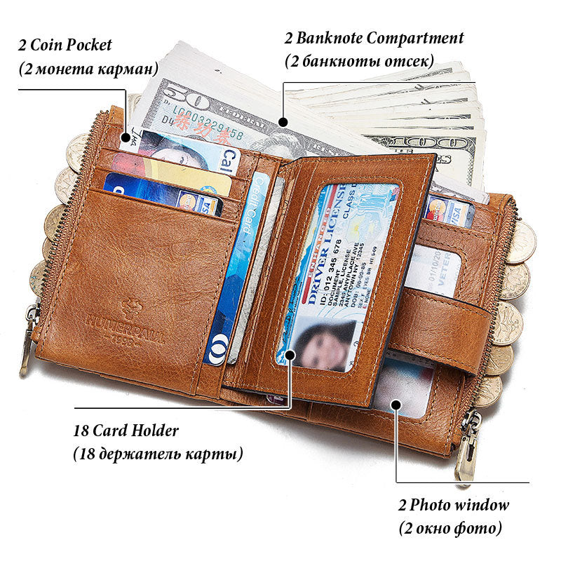 Anti-Theft Brush Double Zipper Leather Wallet Multi Card Slot Men's Wallet Crazy Horse Leather Coin Purse