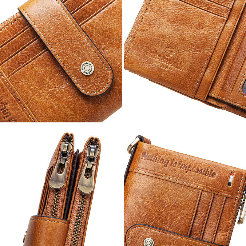 Anti-Theft Brush Double Zipper Leather Wallet Multi Card Slot Men's Wallet Crazy Horse Leather Coin Purse
