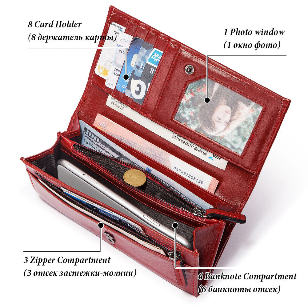 Anti-Theft Brushed Genuine Leather Ladies Wallet Top Layer Cowhide Long Women's Bag Multi-Card Card Holder Mobile Phone Bag Clutch Bag