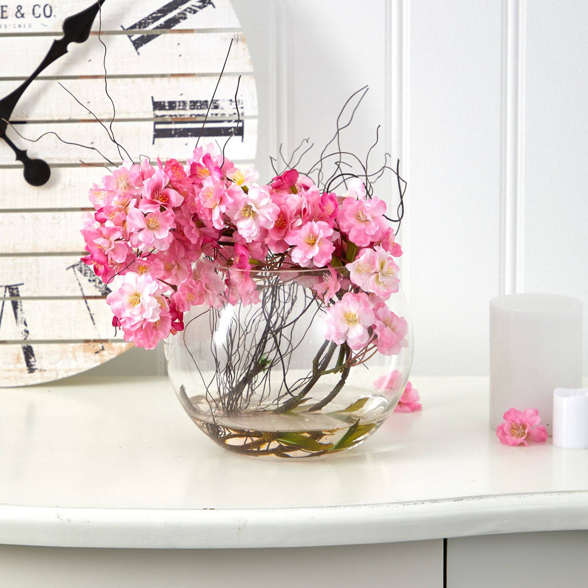 10” Cherry Blossom Artificial Arrangement in Glass Vase