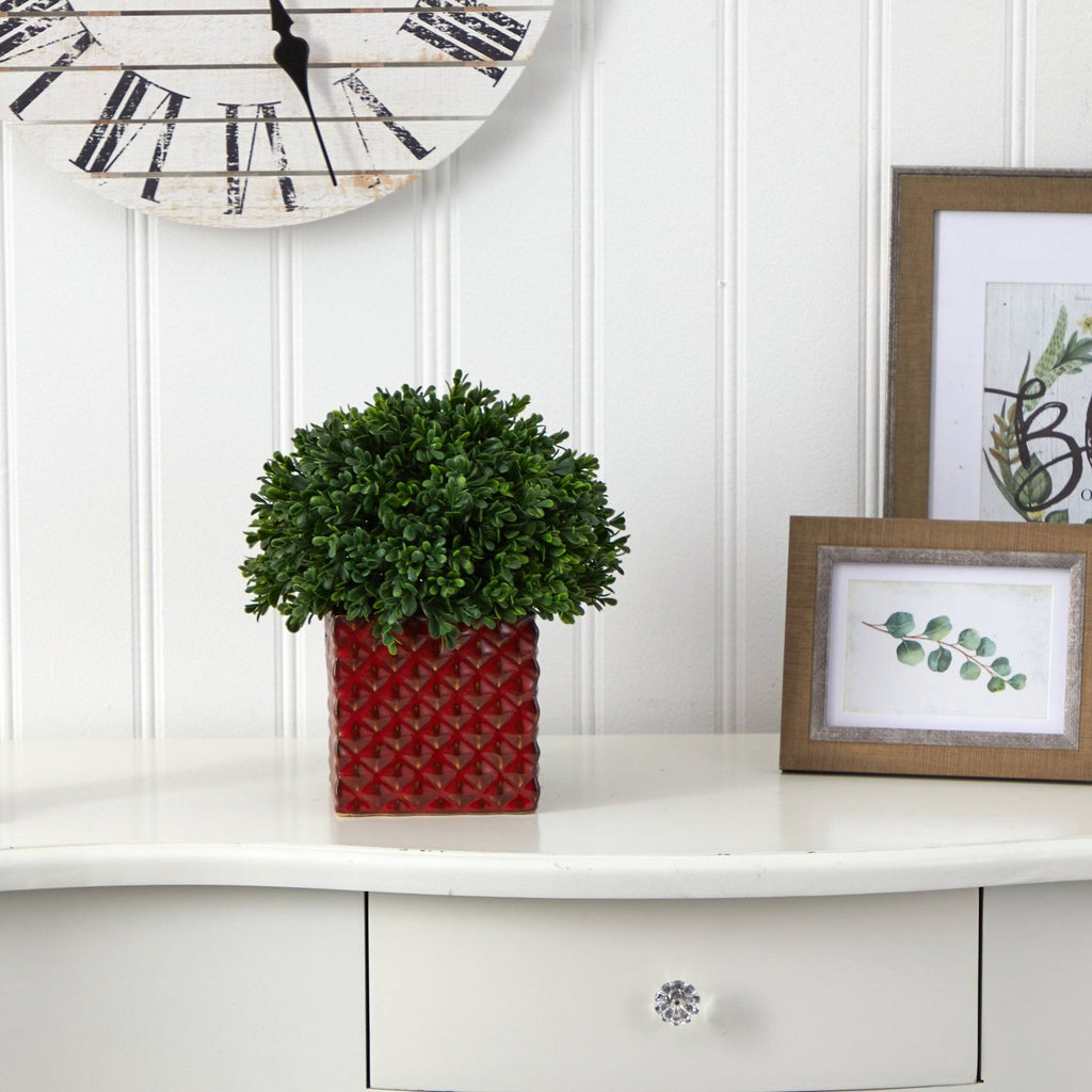 11” Boxwood Topiary Artificial Plant in Red Planter (Indoor/Outdoor)