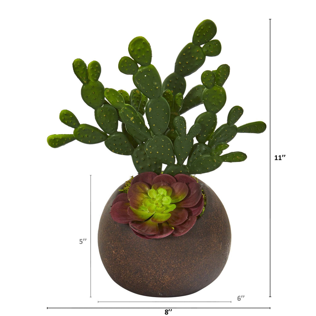 11” Cactus and Echeveria Succulent Artificial Plant in Stone Planter