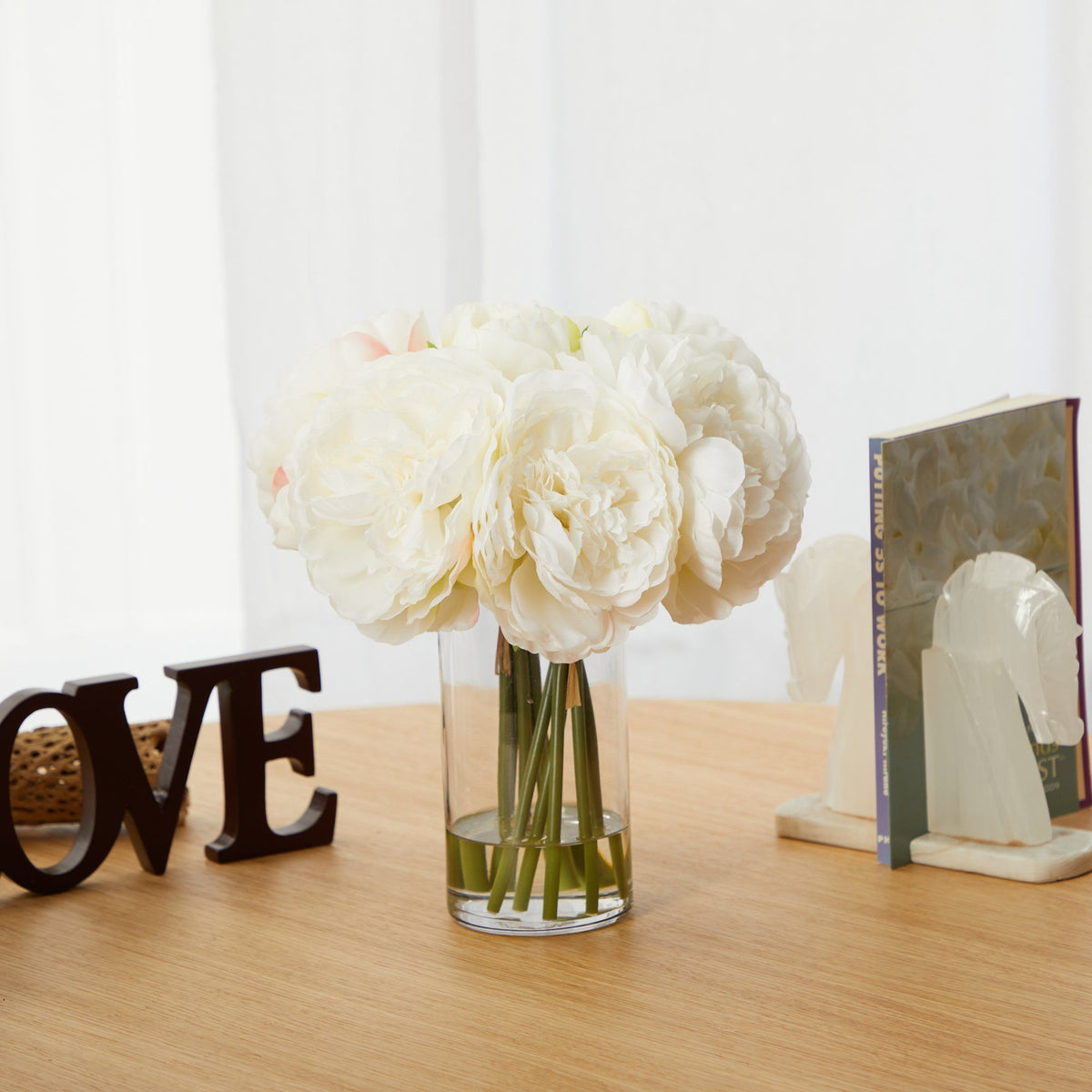 11” Peony Bouquet Artificial Arrangement in Glass Vase