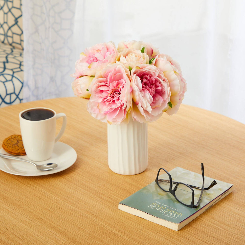 11” Peony Bouquet Artificial Arrangement in White Vase