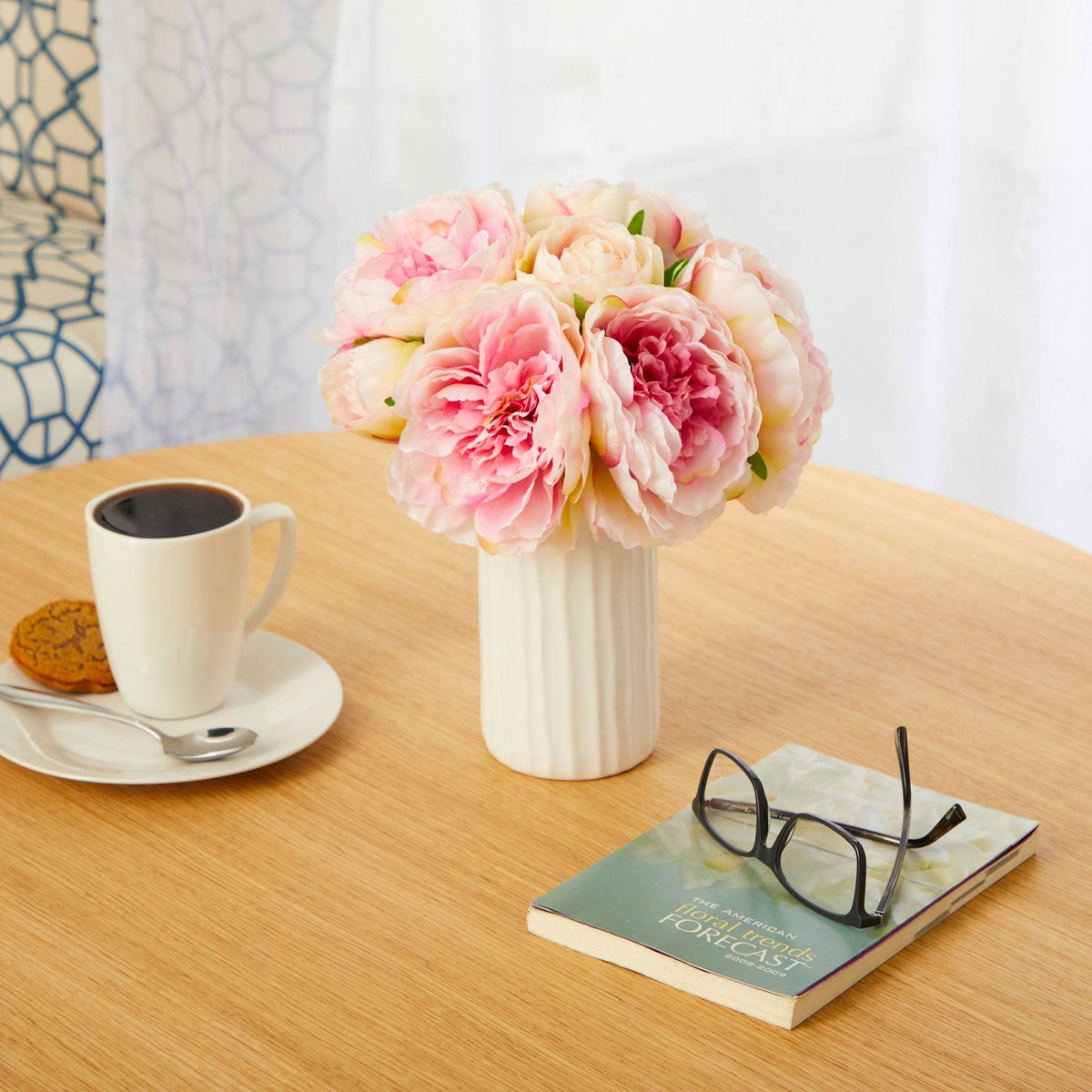 11” Peony Bouquet Artificial Arrangement in White Vase