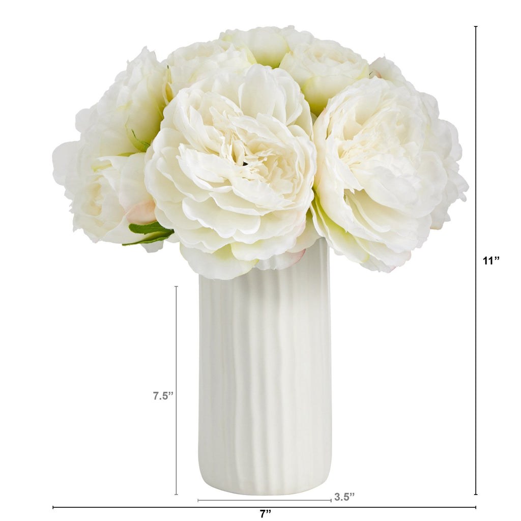 11” Peony Bouquet Artificial Arrangement in White Vase