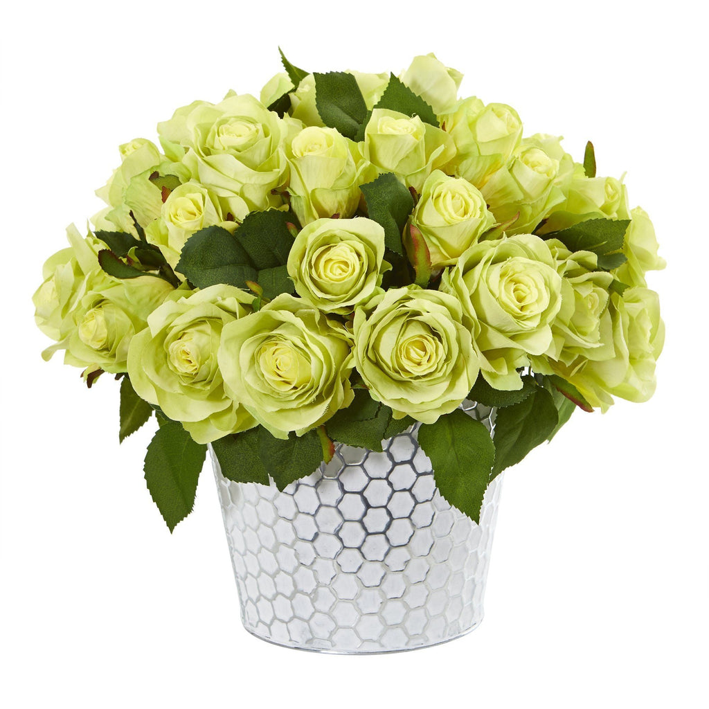 11” Rose Artificial Arrangement in Embossed White Planter
