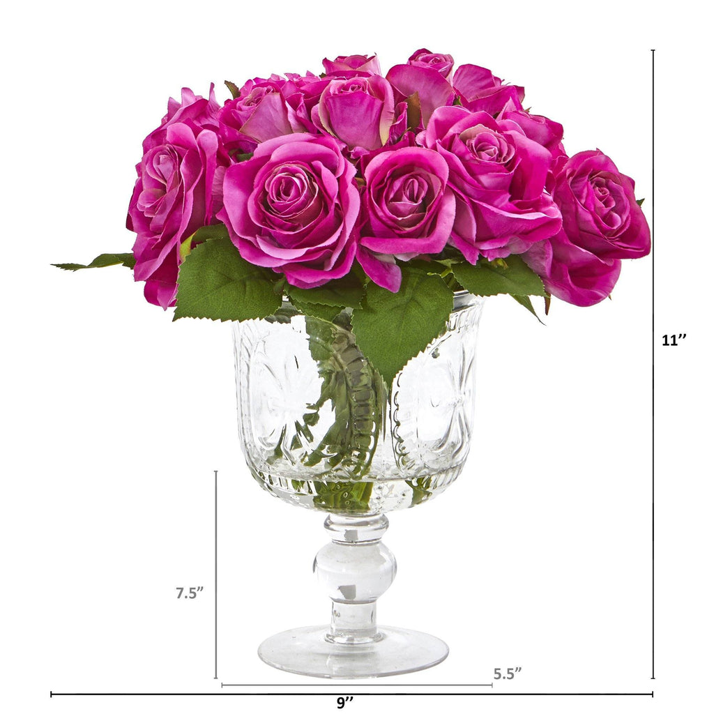 11” Rose Artificial Arrangement in Royal Glass Urn