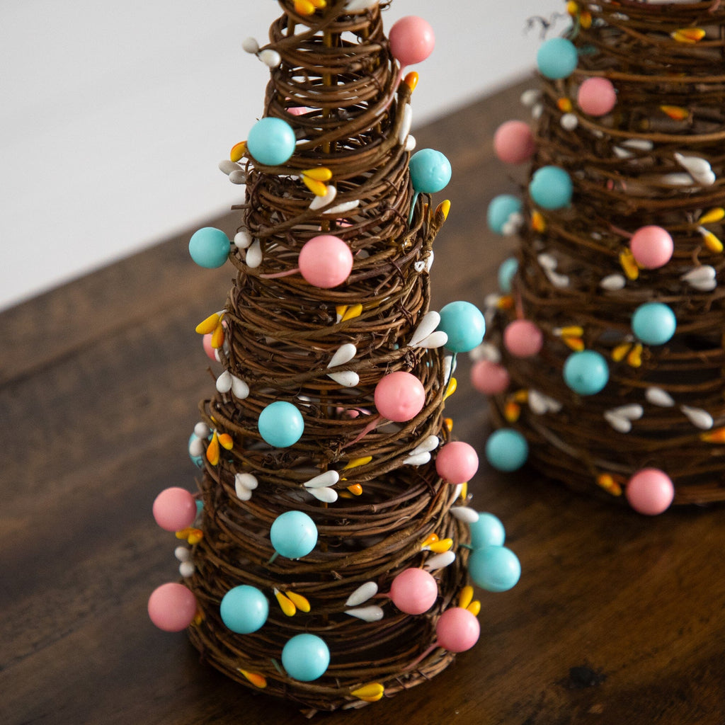 12" and 16" Artificial Easter Rattan Cone Trees with Pastel Eggs - Set of 2