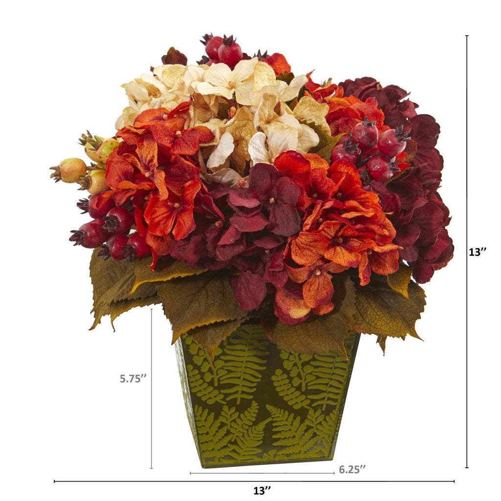 13” Autumn Hydrangea Berry Artificial Arrangement in Green Vase