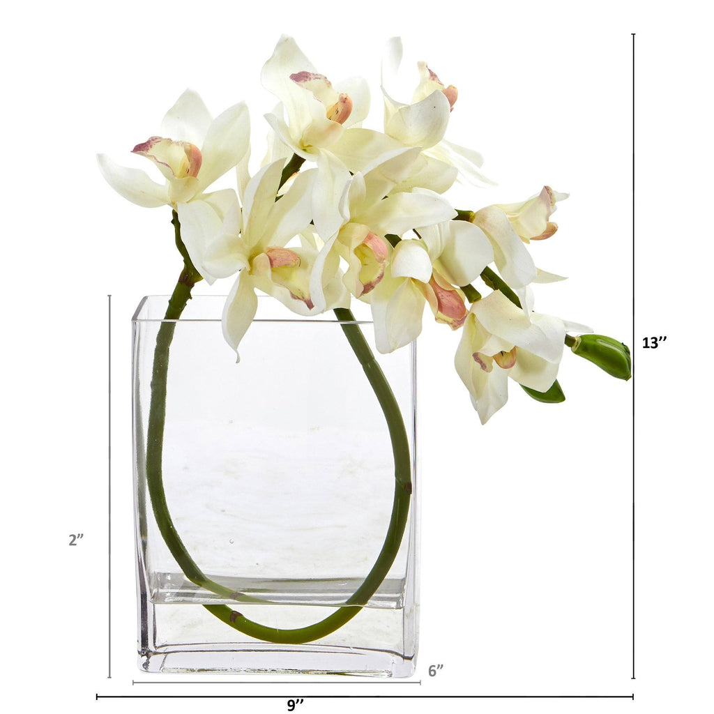 13” Cymbidium Orchid Artificial in Glass Vase