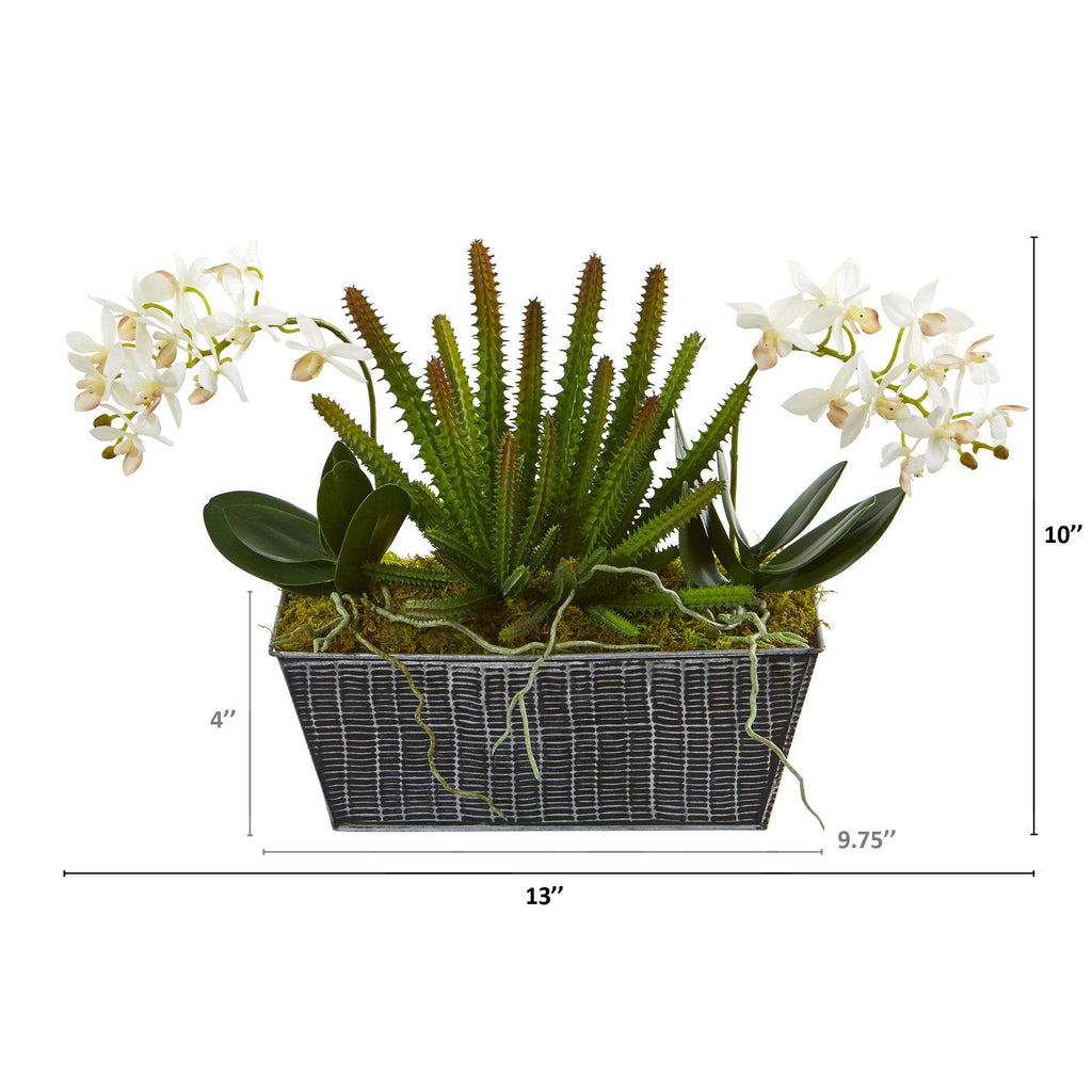 13” Orchid Phalaenopsis and Succulent Artificial Arrangement in Embossed Tin Vase