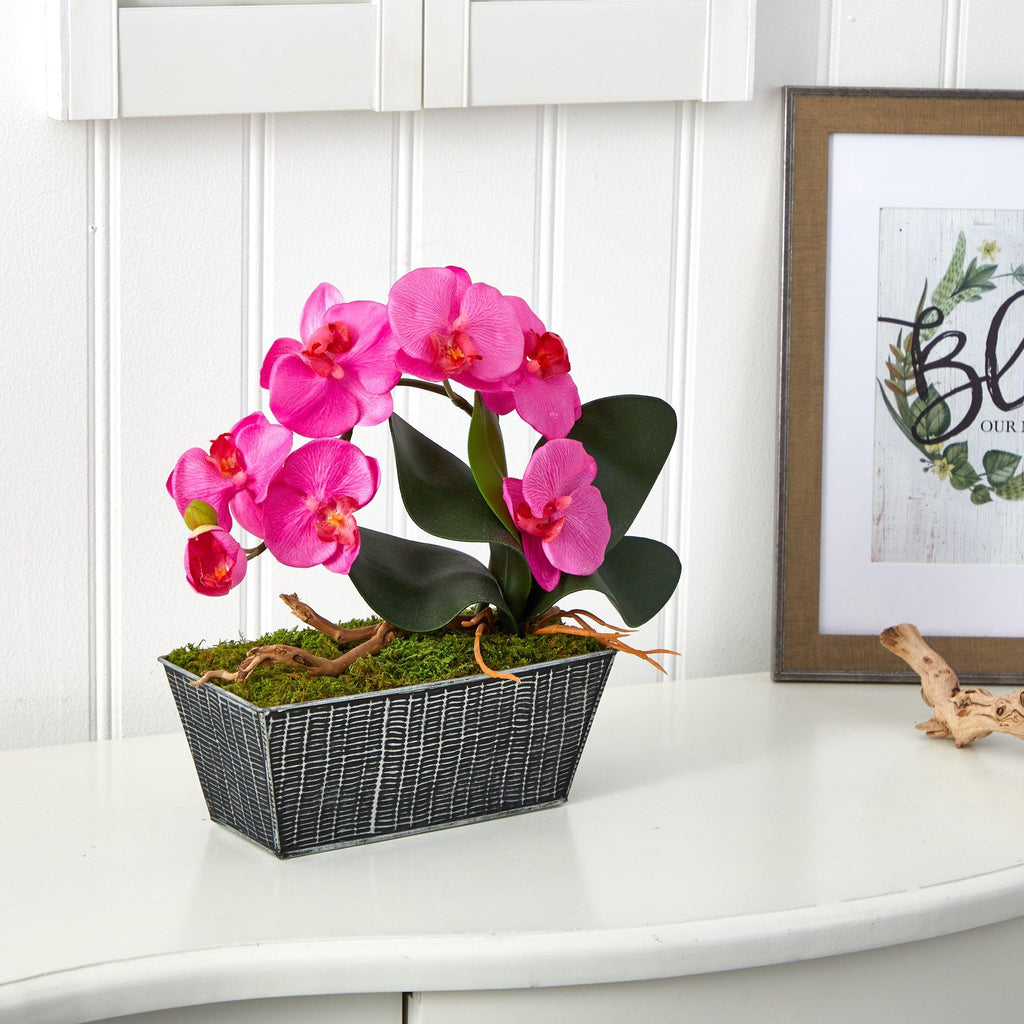 13” Phalaenopsis Orchid Artificial Arrangement in Embossed Tin Vase