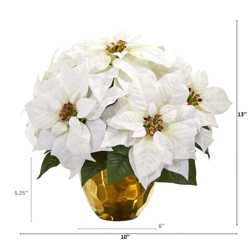 13” Poinsettia Artificial Arrangement in Designer Gold Vase