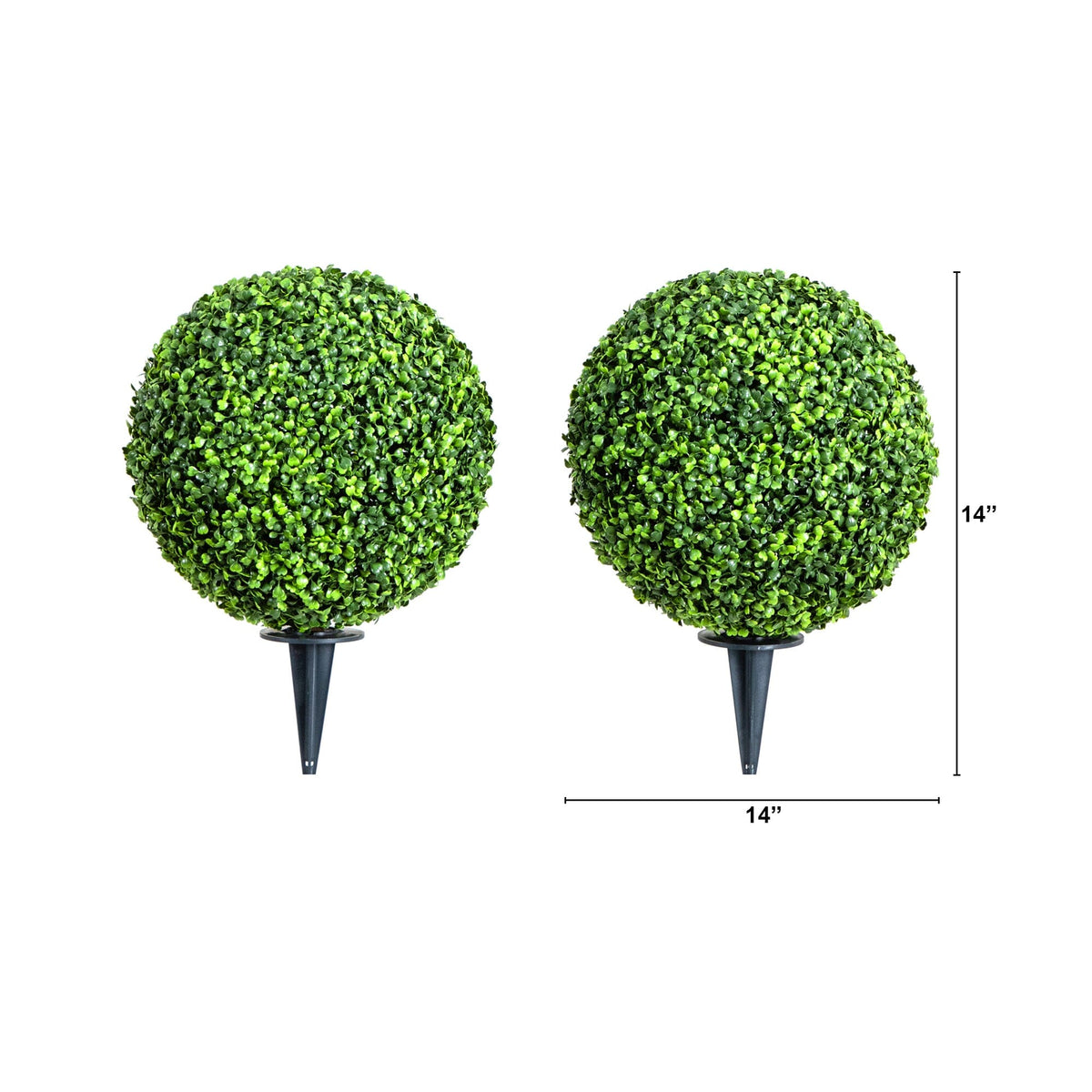 14” Artificial Boxwood Ball Topiary with Integrated Ground Stake UV Resistant - Set of 2