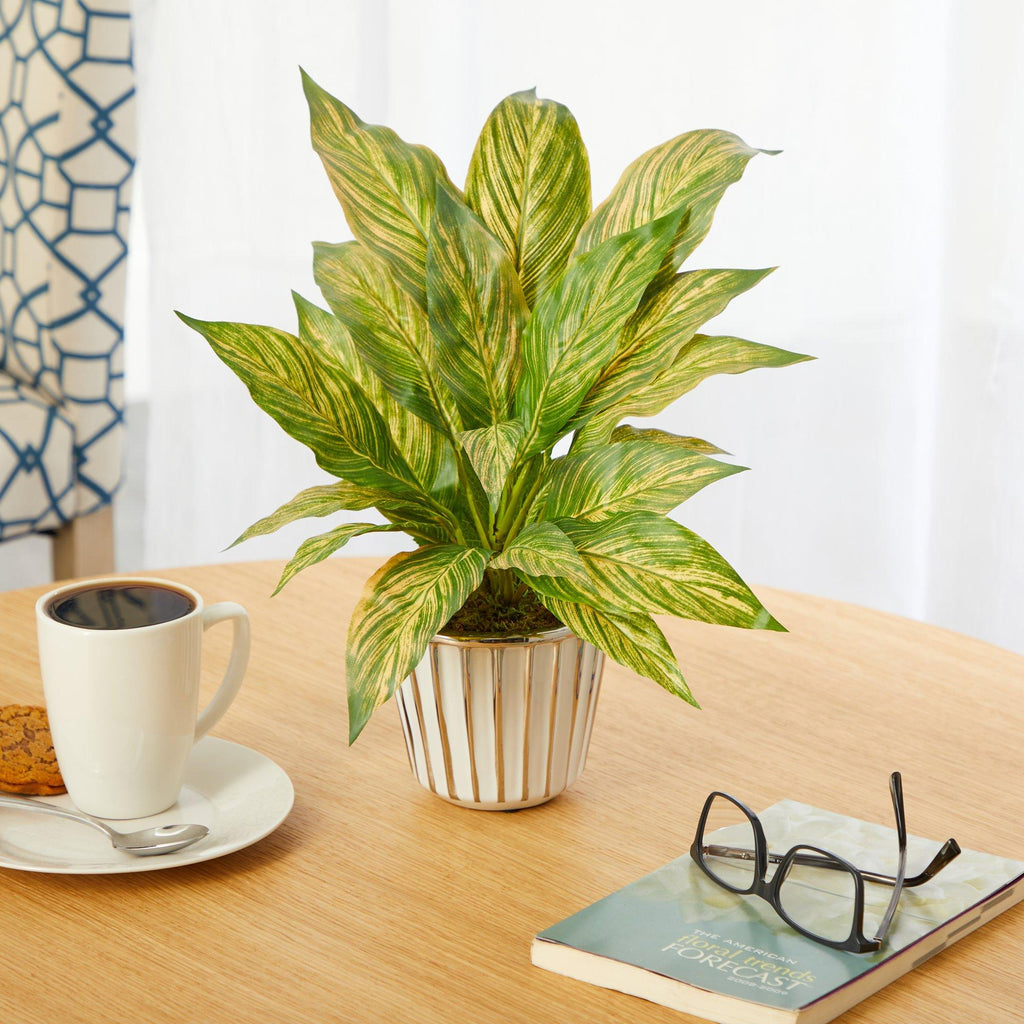 14” Musa Leaf Artificial Plant in White Planter with Silver Trimming