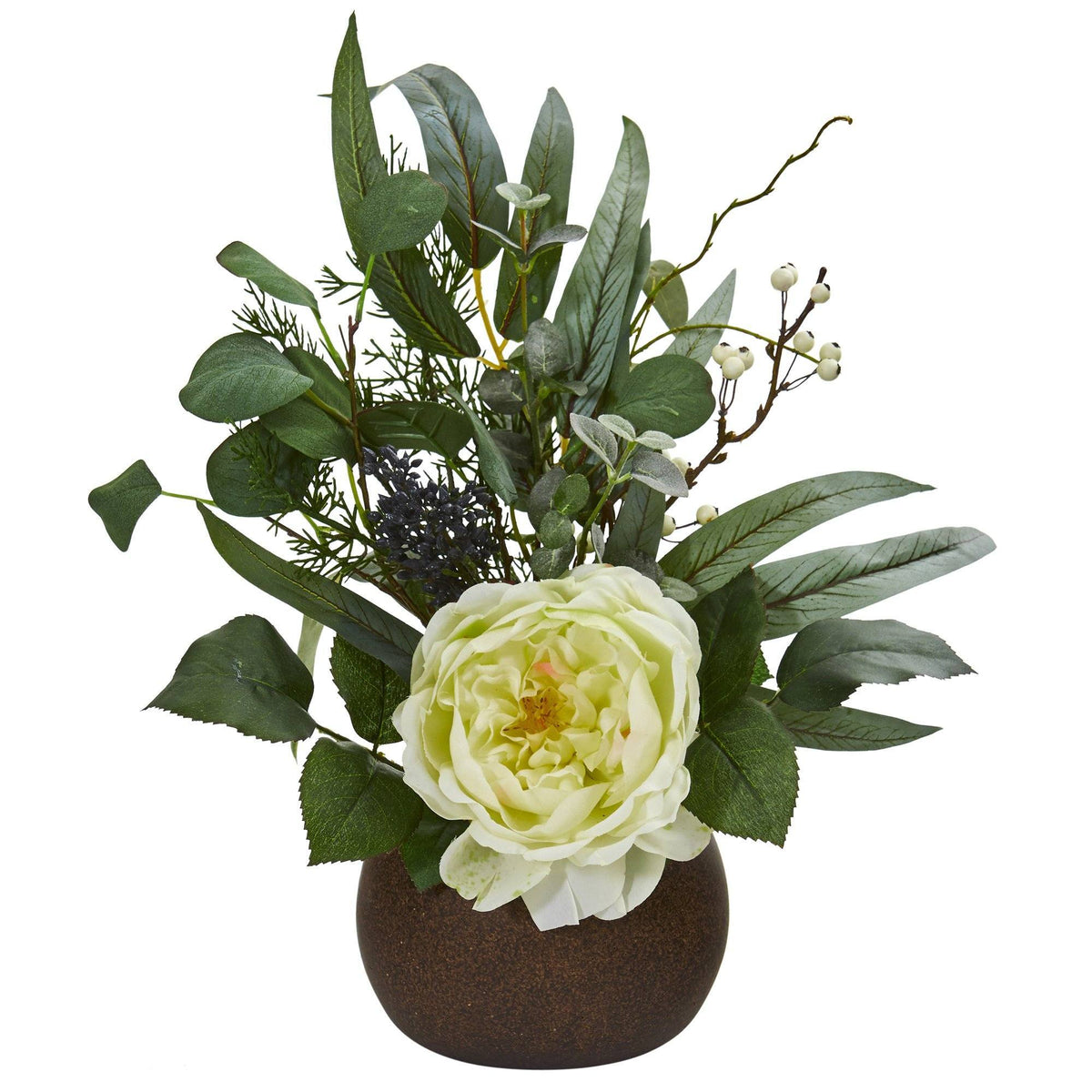 14” Rose and Eucalyptus Artificial Arrangement in Stone Brown Vase