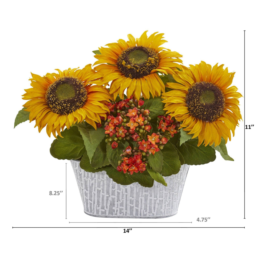 14” Sunflower and Kalanchoe Artificial Arrangement in White Tin Vase