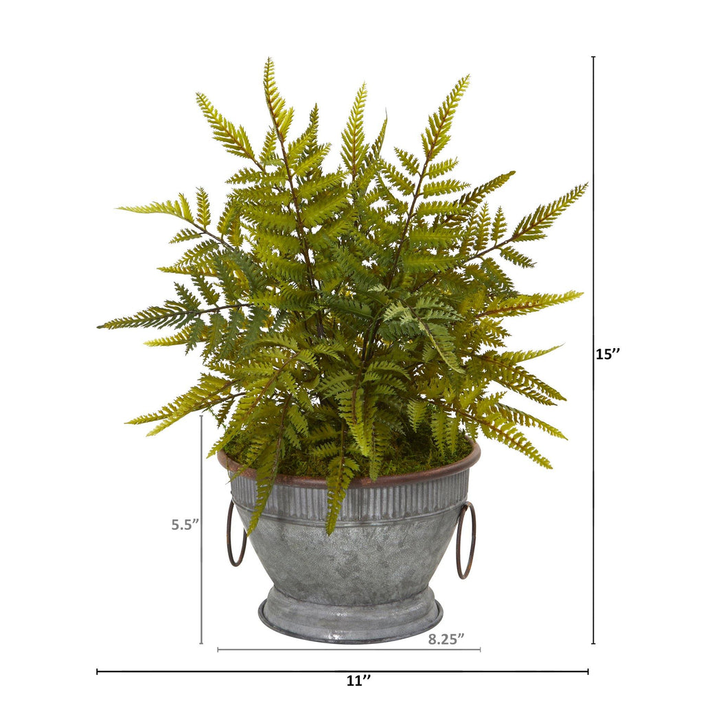15” Fern Artificial Plant in Vintage Metal Bowl with Copper Trimming
