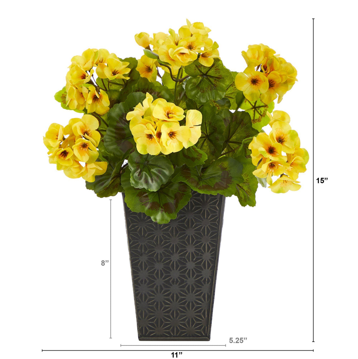 15” Geranium Artificial Plant in Embossed Black Planter UV Resistant (Indoor/Outdoor)