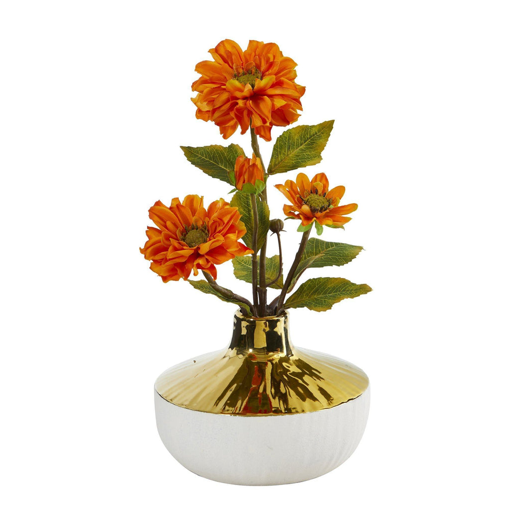 15” Zinnia Arrangement in Gold and Cream Elegant Vase