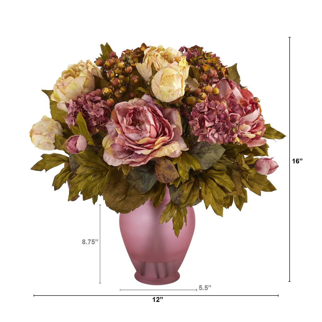 16” Peony Artificial Arrangement in Rose Colored Vase