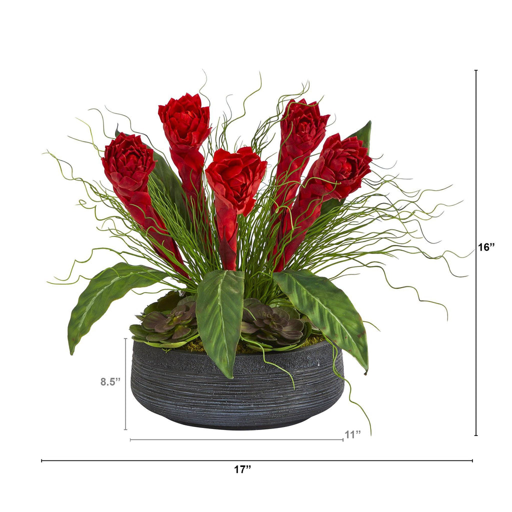 17” Ginger and Echeveria Succulent Artificial Plant in Decorative Bowl