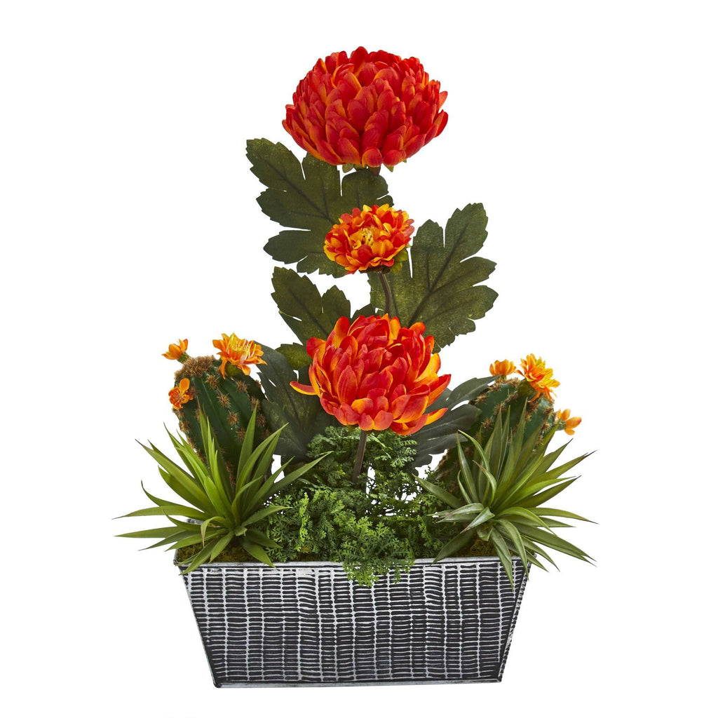 17” Mum and Succulent Artificial Arrangement in Embossed Tin Vase