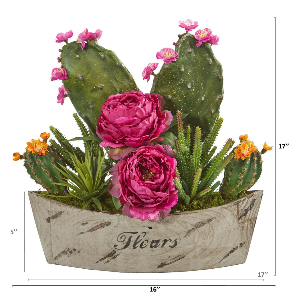 17” Peony, Succulent and Cactus Arrangement in Vase