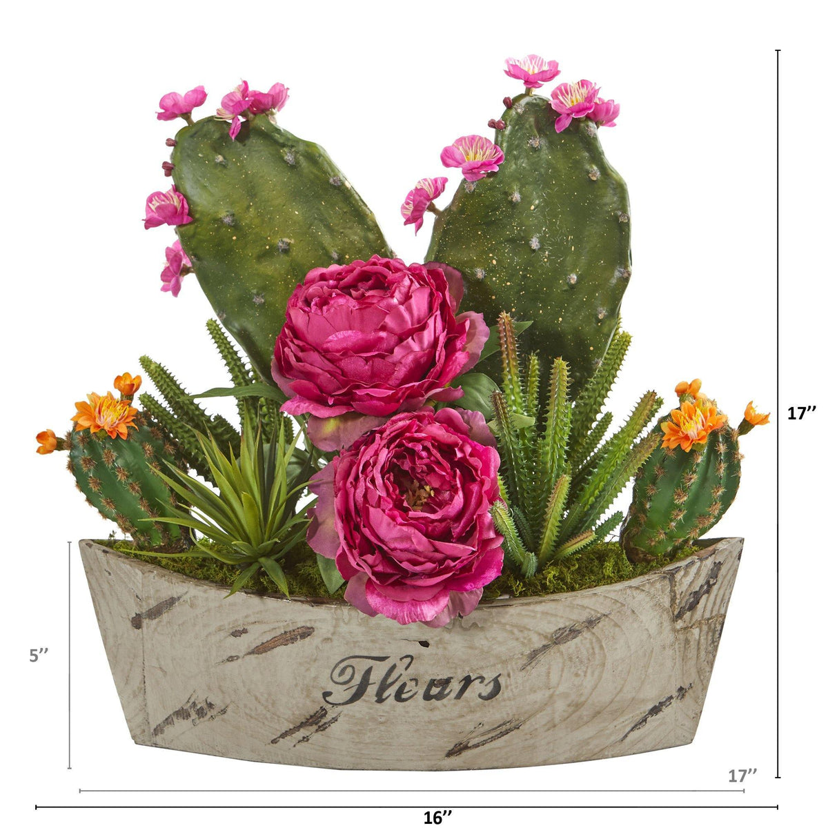 17” Peony, Succulent and Cactus Arrangement in Vase