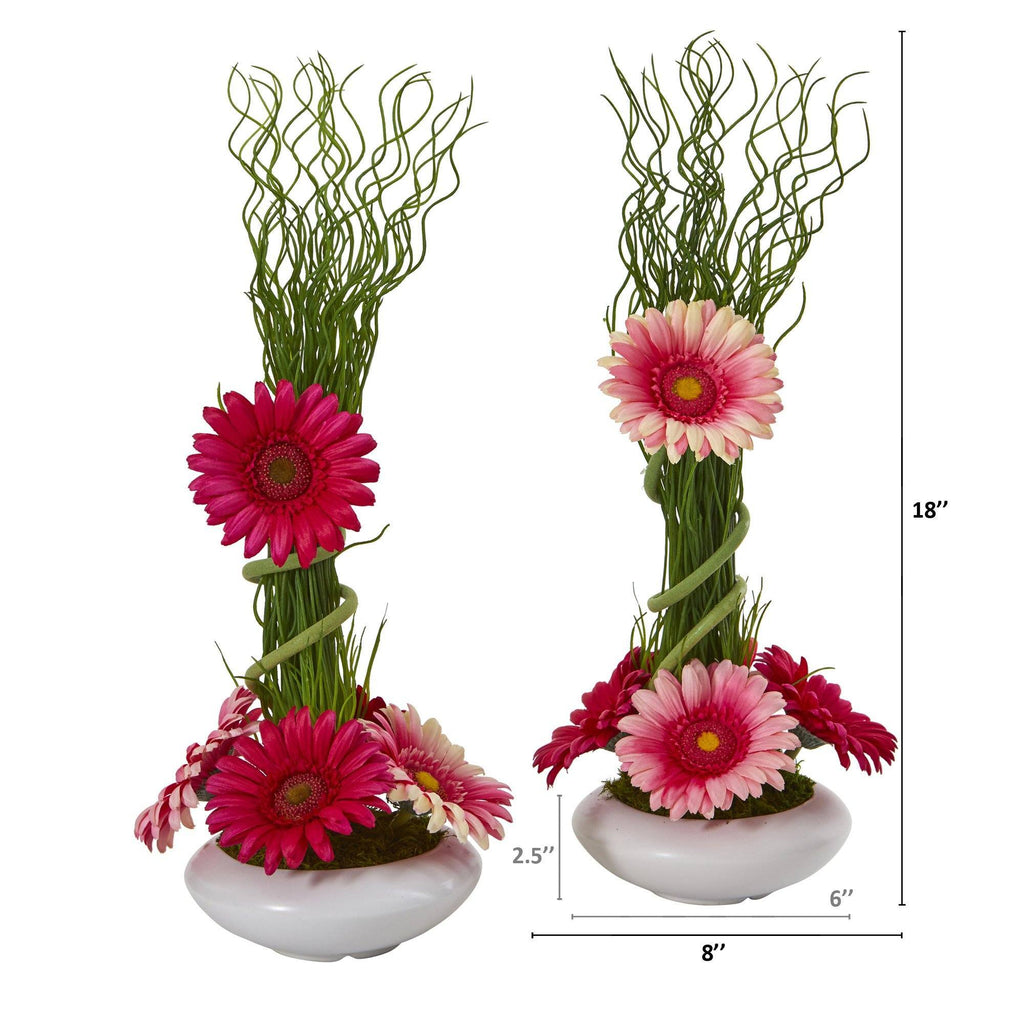 18” Gerber Daisy and Grass Arrangement in Vase (Set of 2)