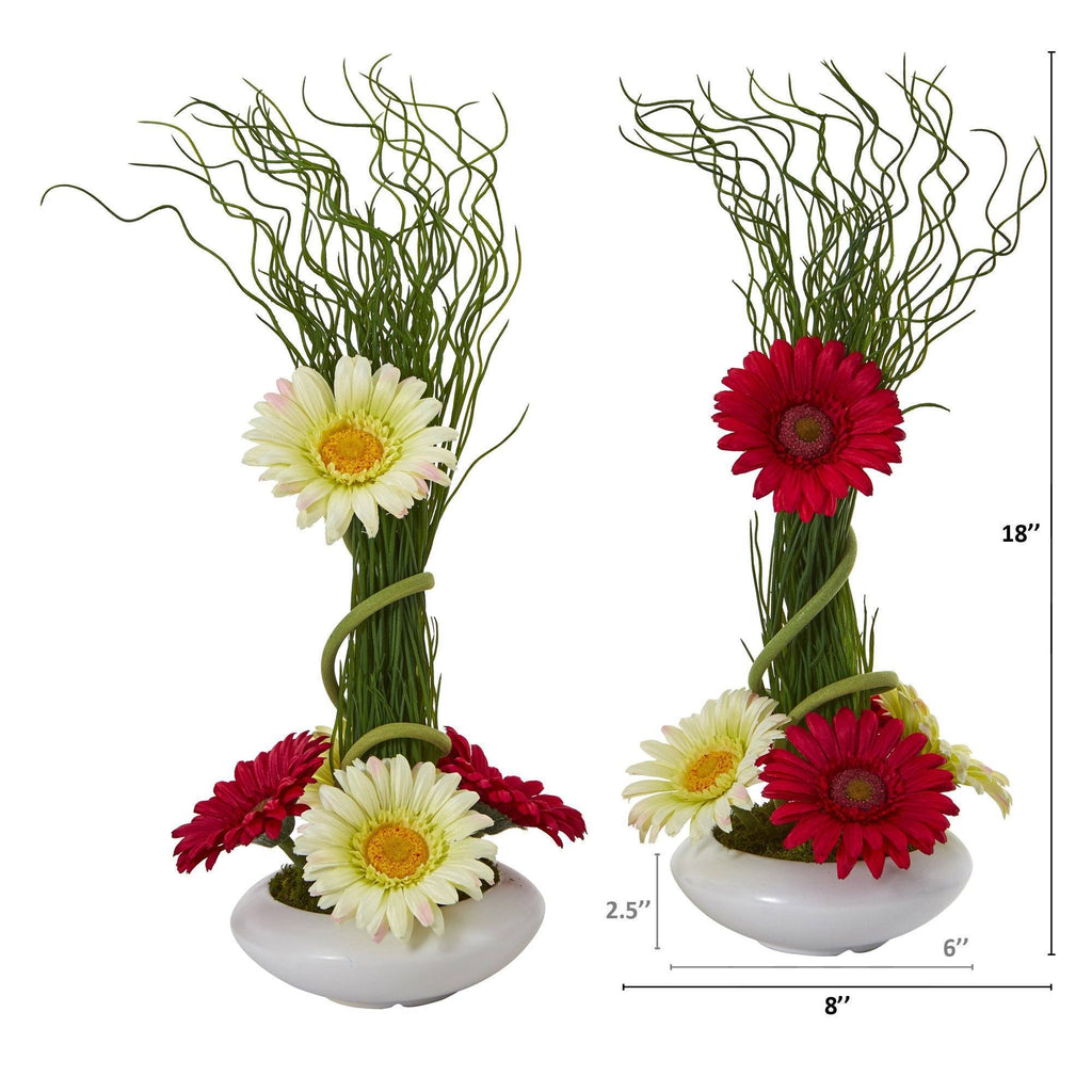 18” Gerber Daisy and Grass Arrangement in Vase (Set of 2)