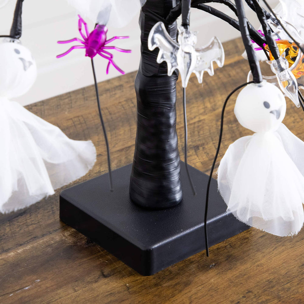 18" Pre-Lit Artificial Halloween Ghost Dolls, Spiders, Bats & Pumpkins 24 LED Lighted Ornament Tree