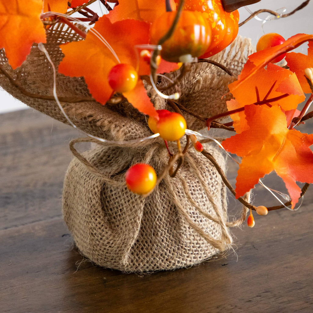 18" Pre-Lit Artificial Maple Tree with Pumpkin Ornaments and 30 LED String Lights in Burlap Wrapped Base Base