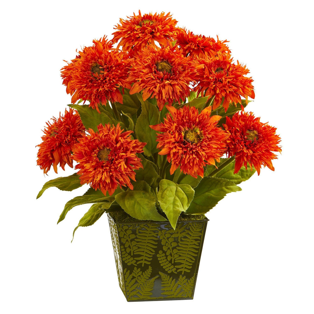 18” Sunflower Artificial Arrangement in Green Tin Planter