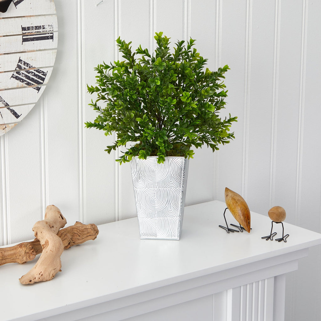 19” Boxwood Artificial Plant in Embossed White Planter (Indoor/Outdoor)
