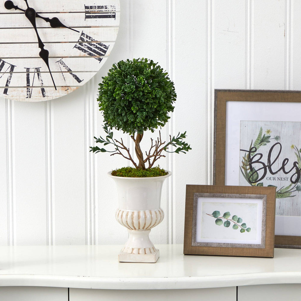 19” Boxwood Topiary Artificial Tree in White Urn UV Resistant (Indoor/Outdoor)