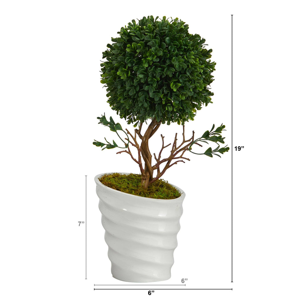 19” Boxwood Topiary Artificial Tree in White Vase  (Indoor/Outdoor)