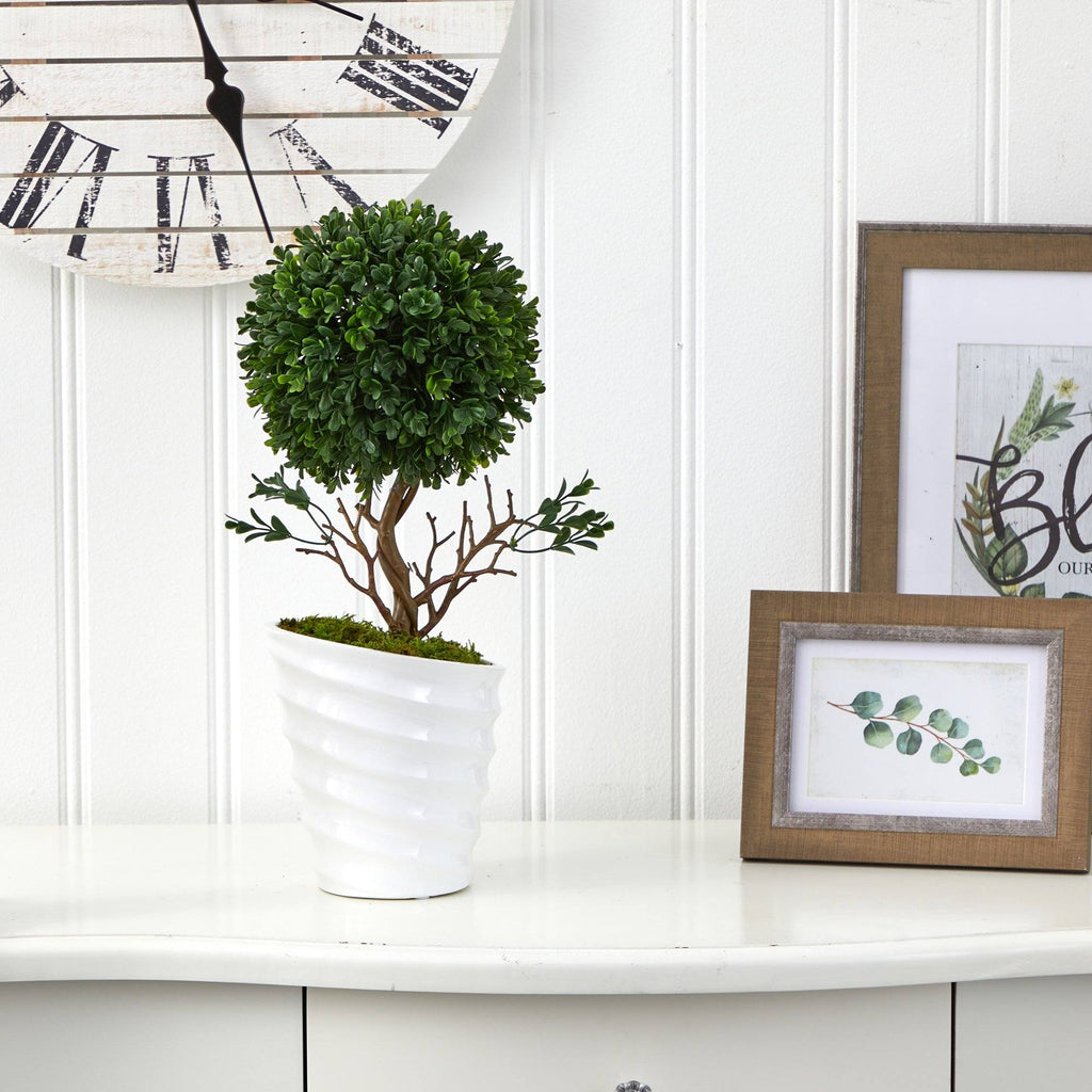 19” Boxwood Topiary Artificial Tree in White Vase  (Indoor/Outdoor)