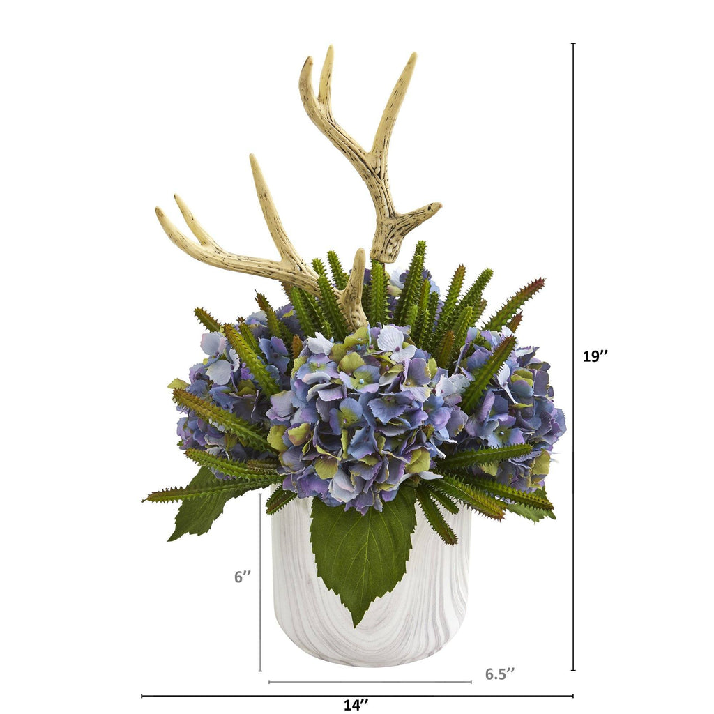 19” Hydrangeas, Succulent and Antlers Artificial Arrangement in Marble Vase
