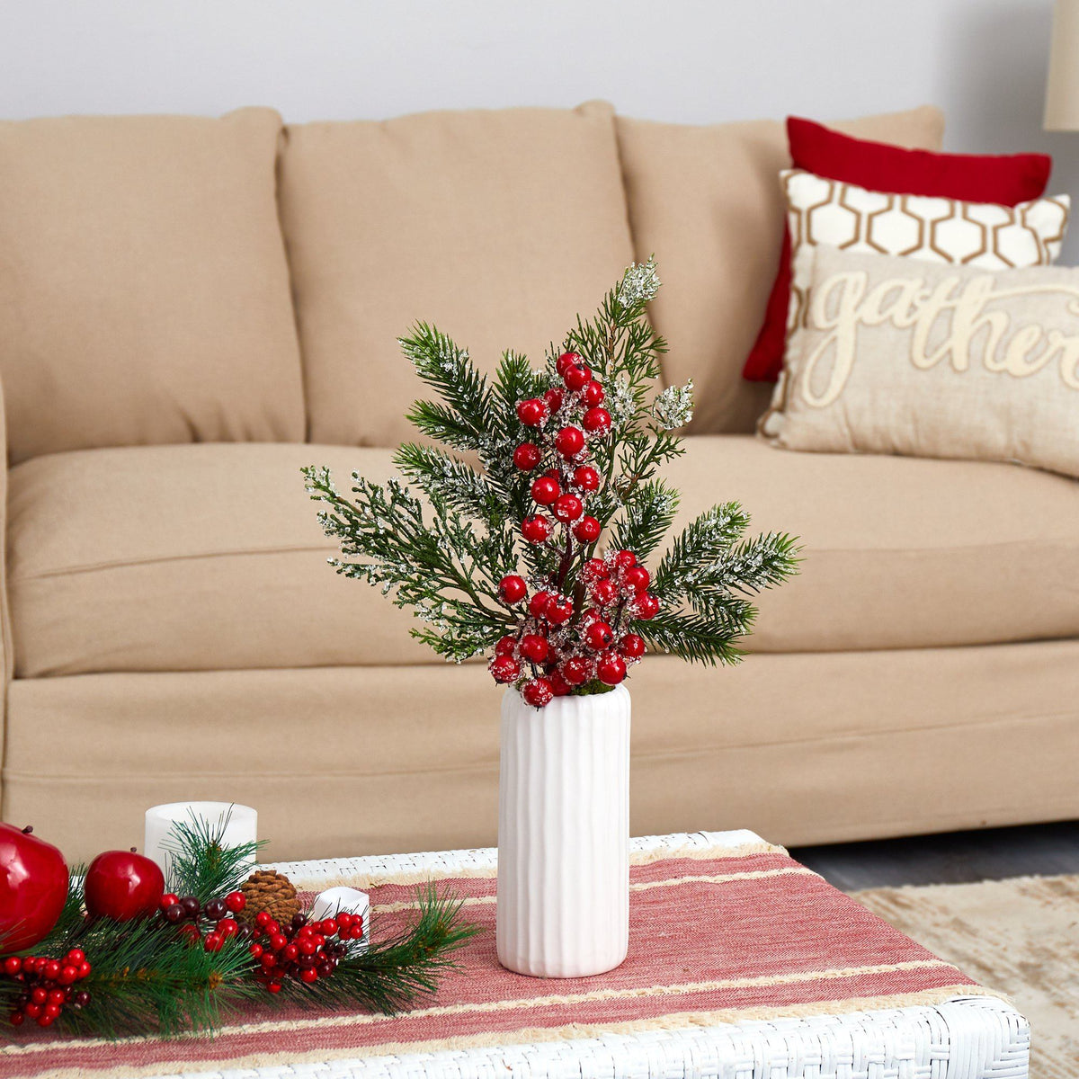 19” Iced Pine and Berries Artificial Arrangement in White Vase