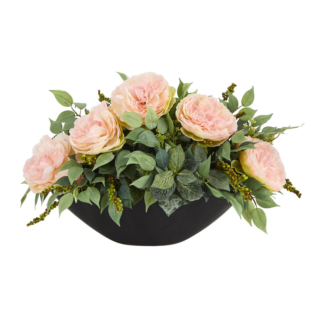 19” Peony and Mixed Greens Artificial Arrangement in Black Vase