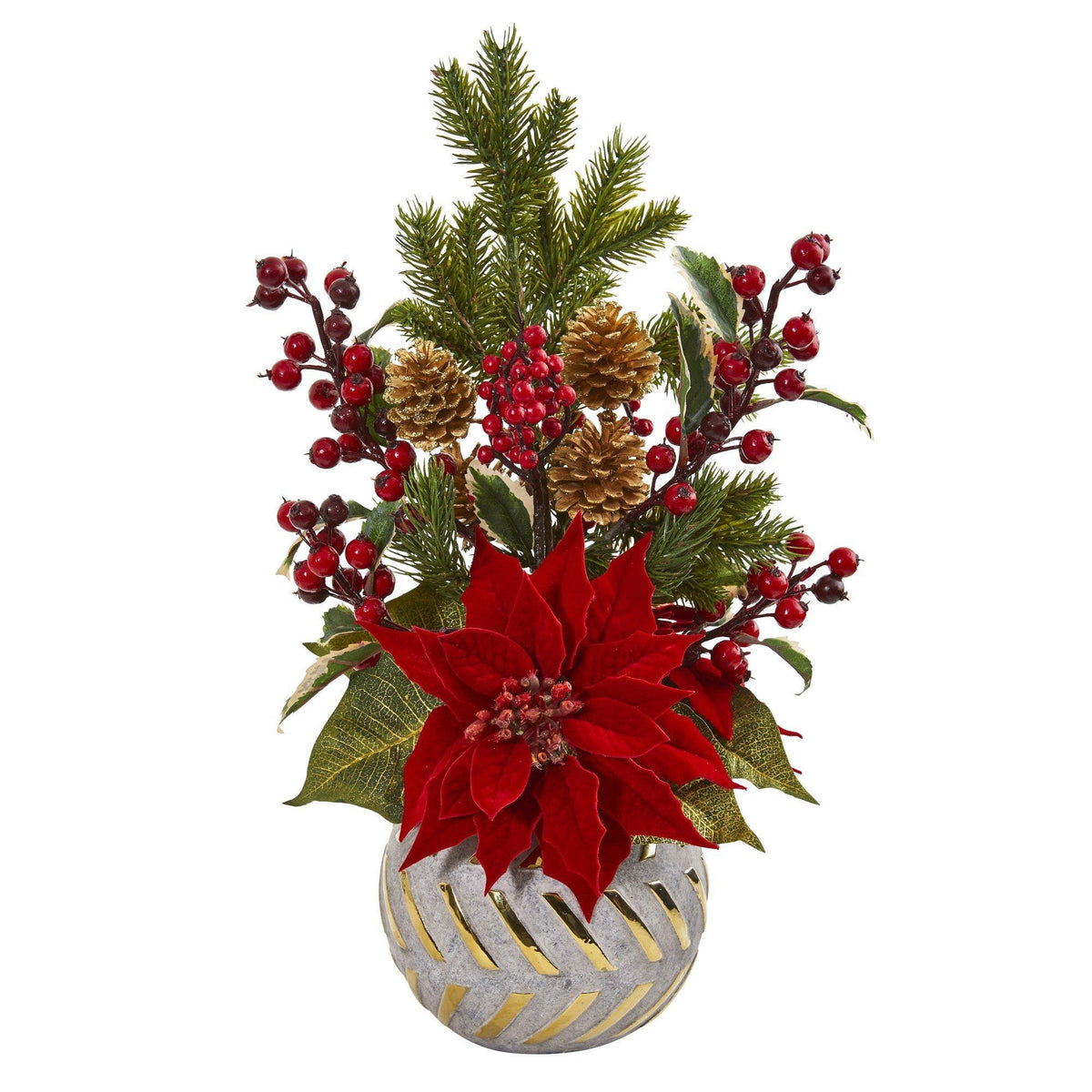 19" Poinsettia, Berry and Pine Artificial Arrangement in Designer Vase"